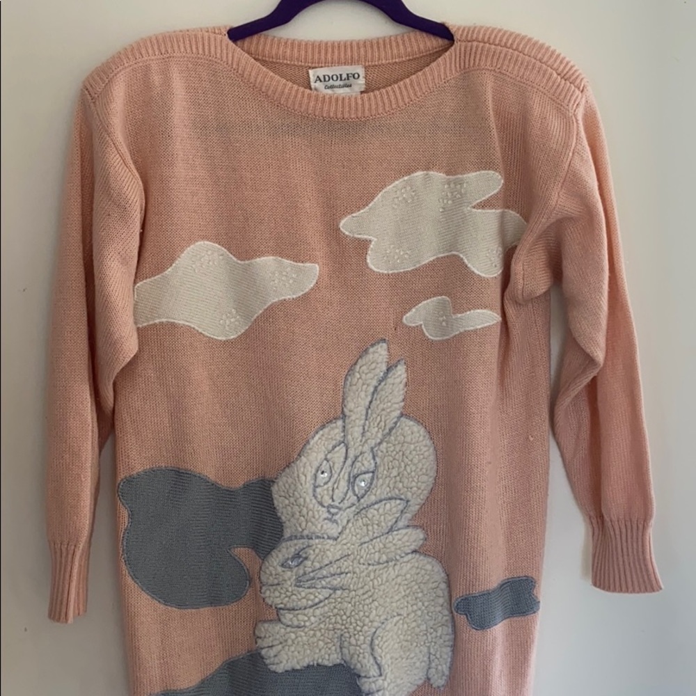 VINTAGE 80s Adolfo Pink Bunny Tunic Sweater - Picture 2 of 8